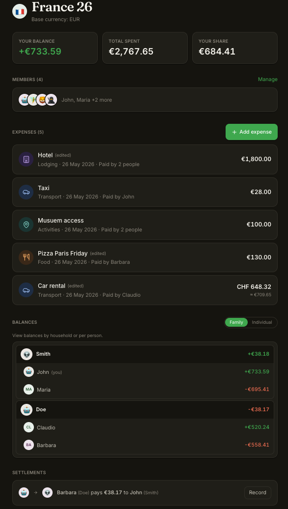 Splitter trip overview in dark mode